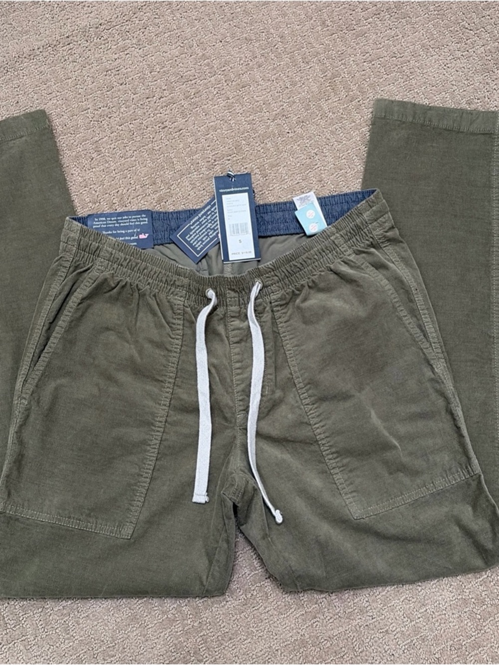 Vineyard Vines Men's Olive new corduroy Pants pull on khaki green S NWT